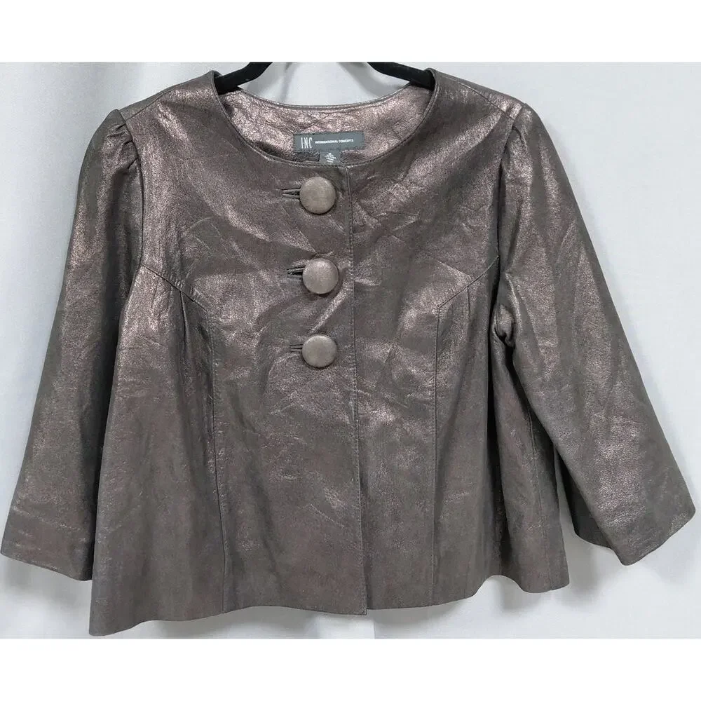 INC International Concepts 100% Leather Brown Lined Jacket Women Size M